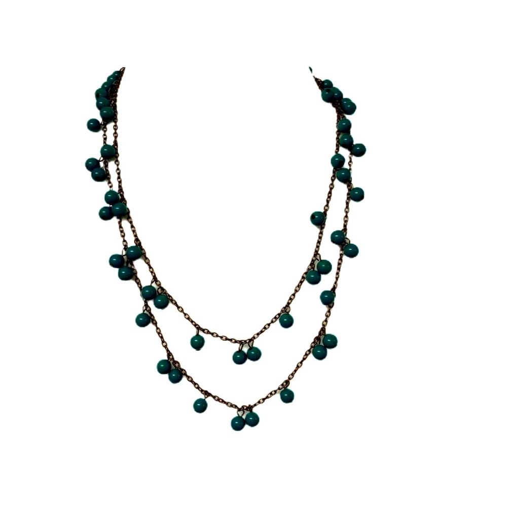 Turquoise Beaded Necklace Southwest Western Jewelry Gold Tone 24" Chain Vintage